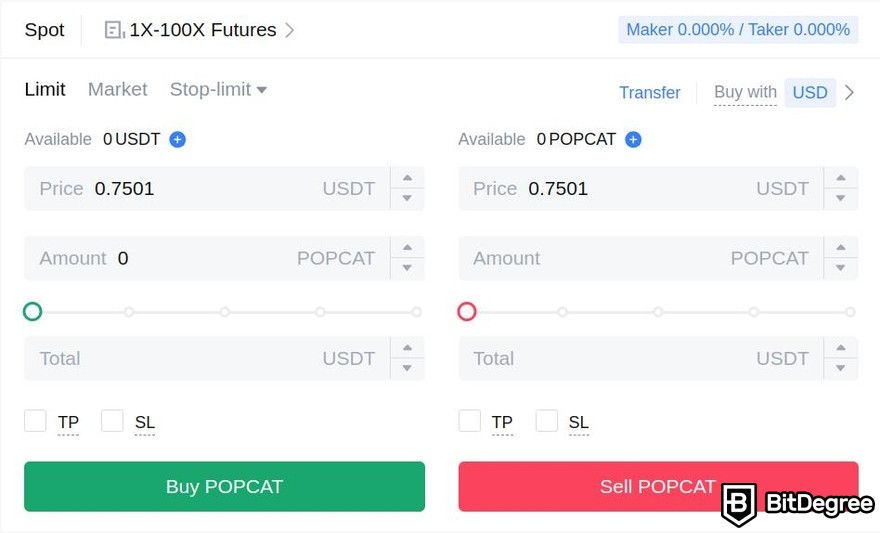 How to buy Popcat: a preview of the Spot section on MEXC's spot trading interface.