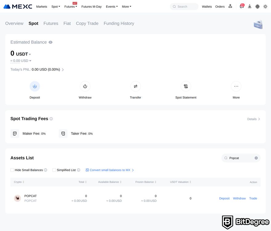 How to buy Popcat: a preview of MEXC Spot Section with Popcat on the Assets List.