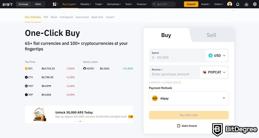 How to buy Popcat: Bybit's One-Click Buy page.