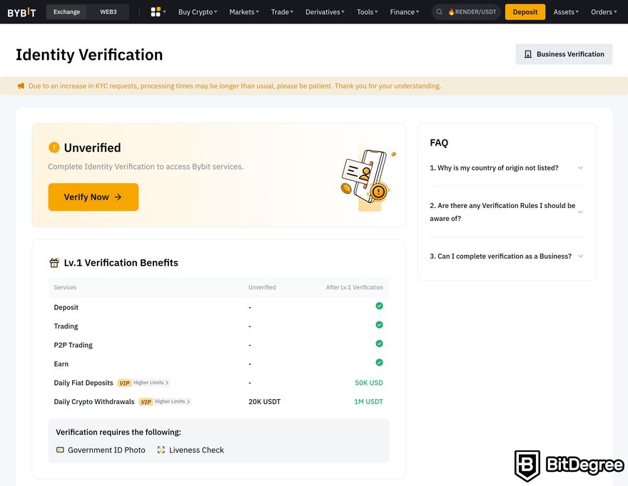 How to buy Popcat: Bybit's Identity Verification page.