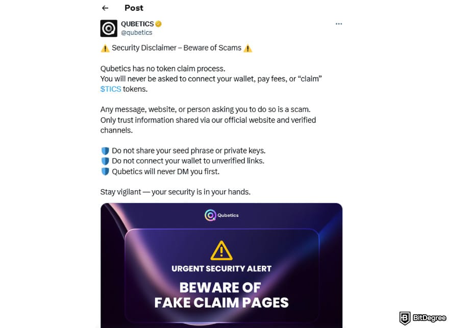 How to buy Qubetics crypto: a security alert post on Qubetics' X account.
