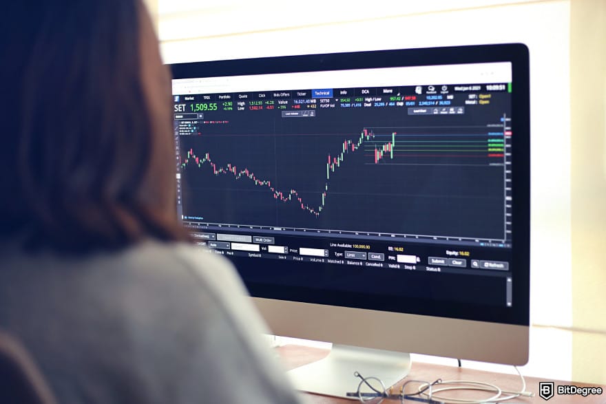 How to buy Qubetics crypto: a woman analyzing a trading candle chart.