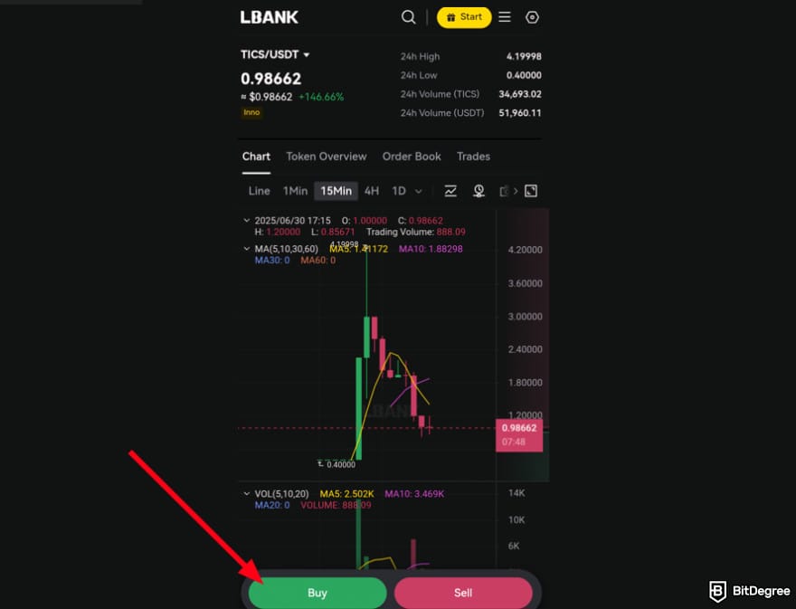 How to buy Qubetics crypto: [Buy] button on LBank app spot trading page.