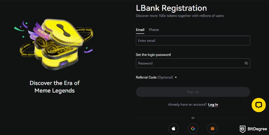How to buy Qubetics crypto: sign up page on LBank.