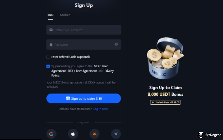 How to buy Qubetics crypto: sign up page on MEXC.