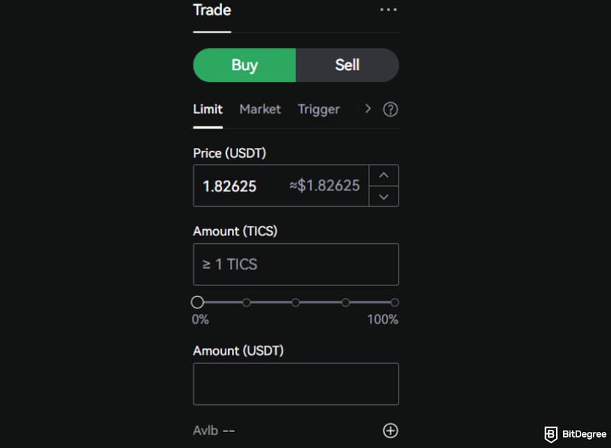 How to buy Qubetics crypto: limit order tab on LBank.