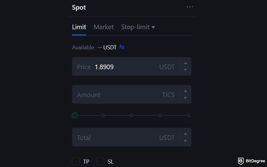 How to buy Qubetics crypto: limit order tab on MEXC spot trading.