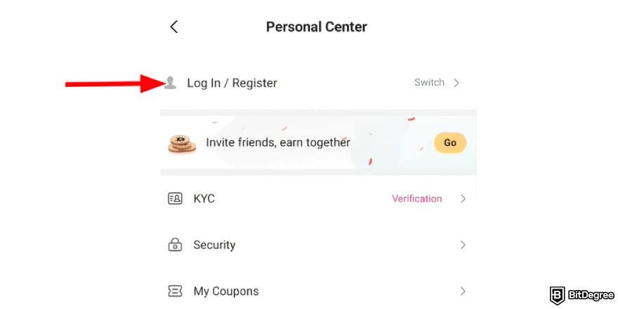 How to buy Qubetics crypto: [Log In / Register] button on LBank app.
