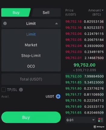How to buy Qubetics crypto: order types selection on MEXC.