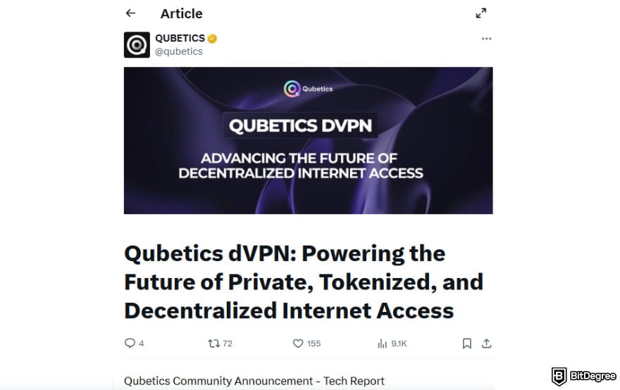 How to buy Qubetics crypto: Qubetics' article on X about dVPN development.