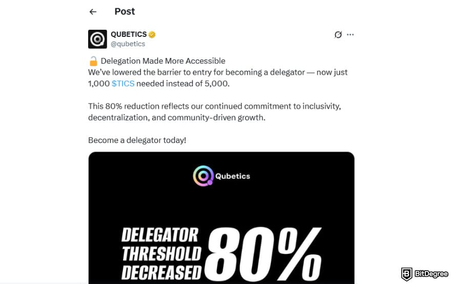 How to buy Qubetics crypto: Qubetics' X post on reducing delegator threshold.