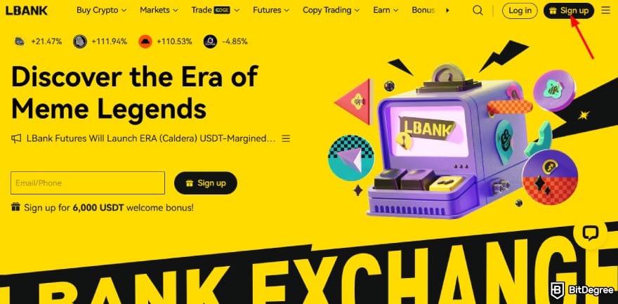 How to buy Qubetics crypto: [Sign Up] button on LBank homepage.