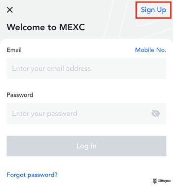 How to buy Qubetics crypto: Sign Up page on MEXC app.