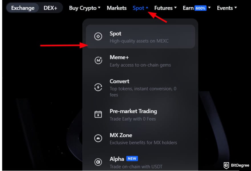 How to buy Qubetics crypto: [Spot] button on MEXC dropdown menu.