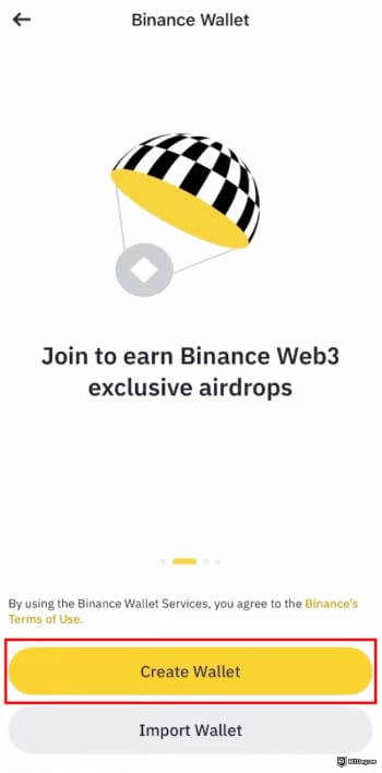 How to buy RXS coin: Binance Wallet interface highlighting the [Create Wallet] button.