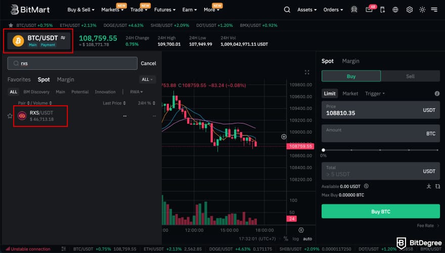 How to buy RXS coin: MEXC spot trading RXS.