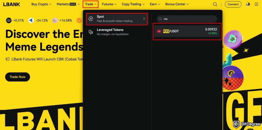 How to buy RXS coin: LBank spot trading RXS.