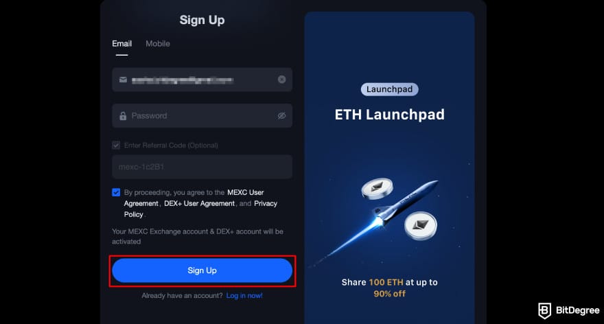 How to buy RXS coin: MEXC sign-up page.