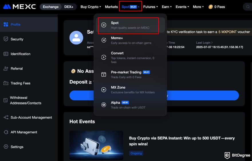 How to buy RXS coin: MEXC spot trading page.