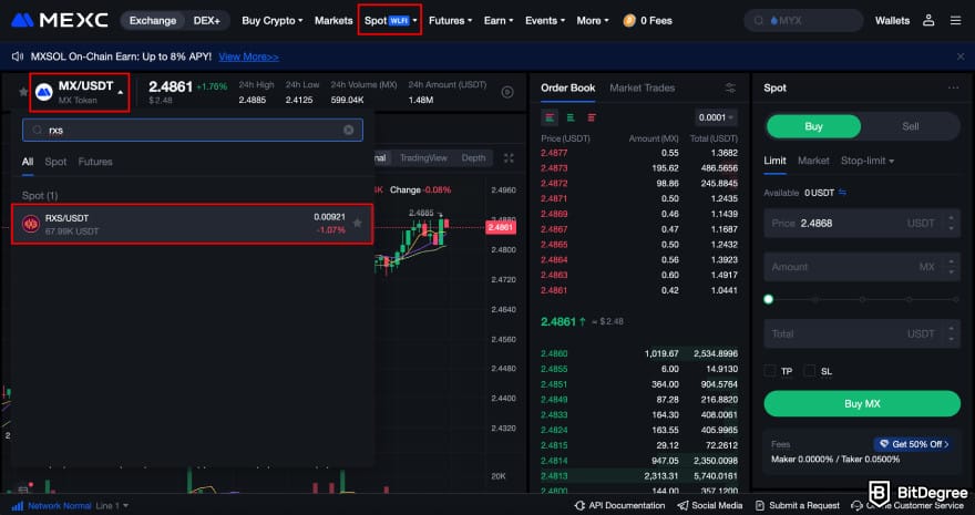 How to buy RXS coin: MEXC spot trading RXS.