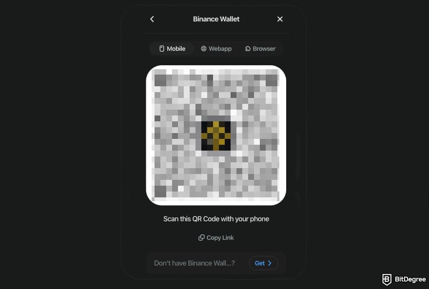 How to buy RXS coin: Rexas site showing Binance QR code to scan and buy RXS.