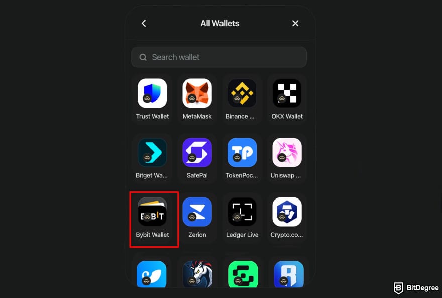 How to buy RXS coin: Rexas site showing Bybit Wallet option to connect wallet.
