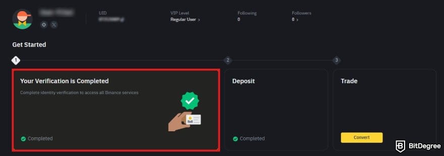 How to buy & sell Pi coin: Binance user dashboard with the verification tab highlighted.