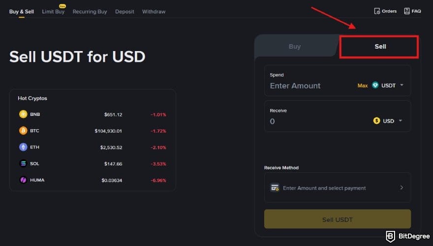 How to buy & sell Pi coin: the Buy & Sell page on Binance with the Sell tab highlighted.