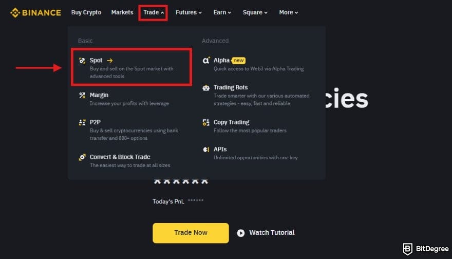 How to buy & sell Pi coin: a portion of Binance homepage with the Trade and Spot menus highlighted.
