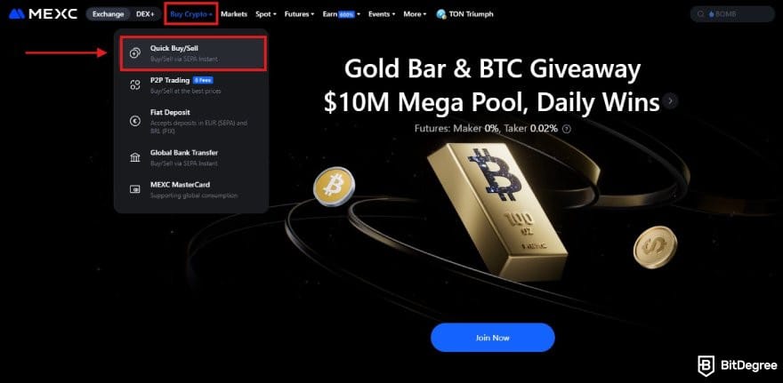 How to buy & sell Pi coin: MEXC homepage with the quick buy/sell menu hightlighted.