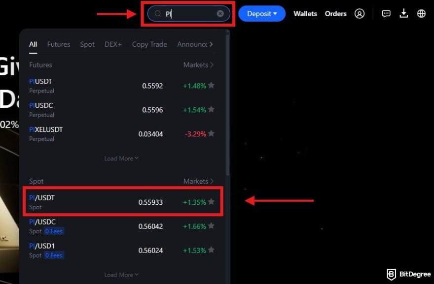 How to buy & sell Pi coin: a portion of MEXC homepage with the search results for PI.