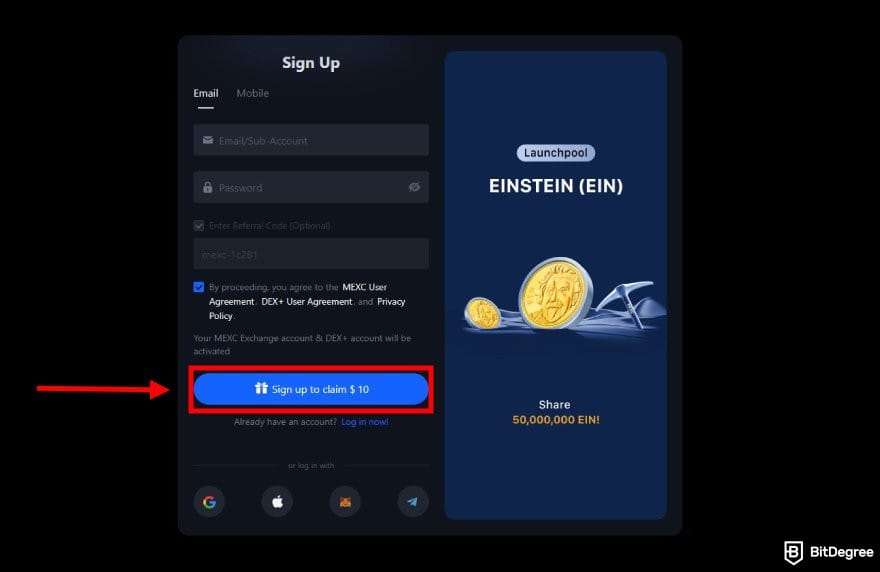 How to buy & sell Pi coin: MEXC sign up page.