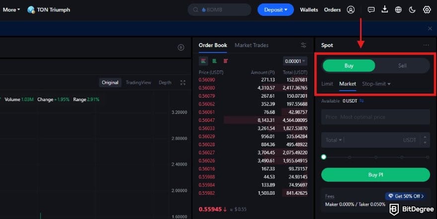 How to buy & sell Pi coin: a portion of MEXC spot trading interface with the order form highlighted.