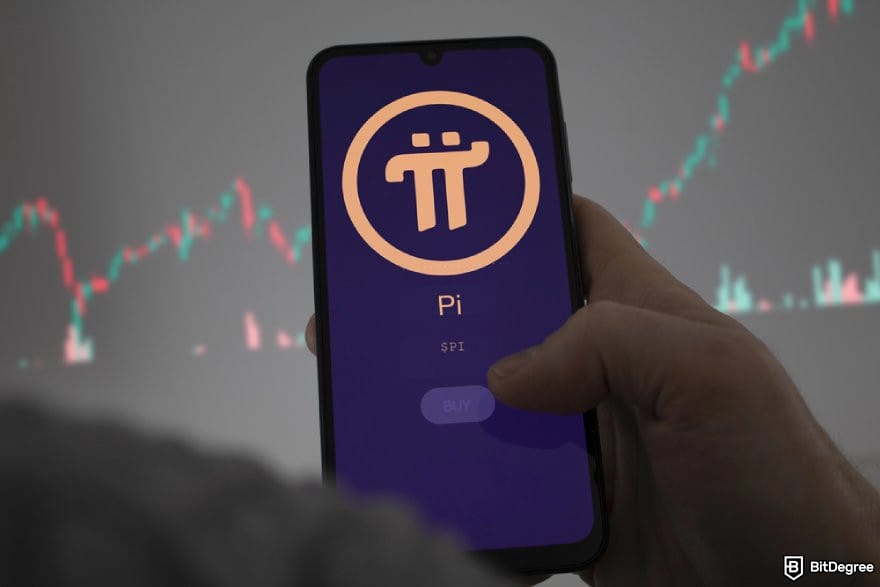 How to buy & sell Pi coin: a hand holding a phone displaying the Pi Network logo in front of a candlestick chart.