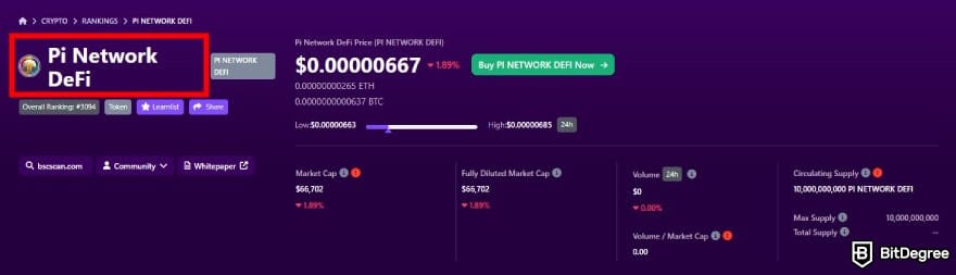 How to buy & sell Pi coin: the detail page of Pi Network DeFi coin on BitDegree crypto tracker.