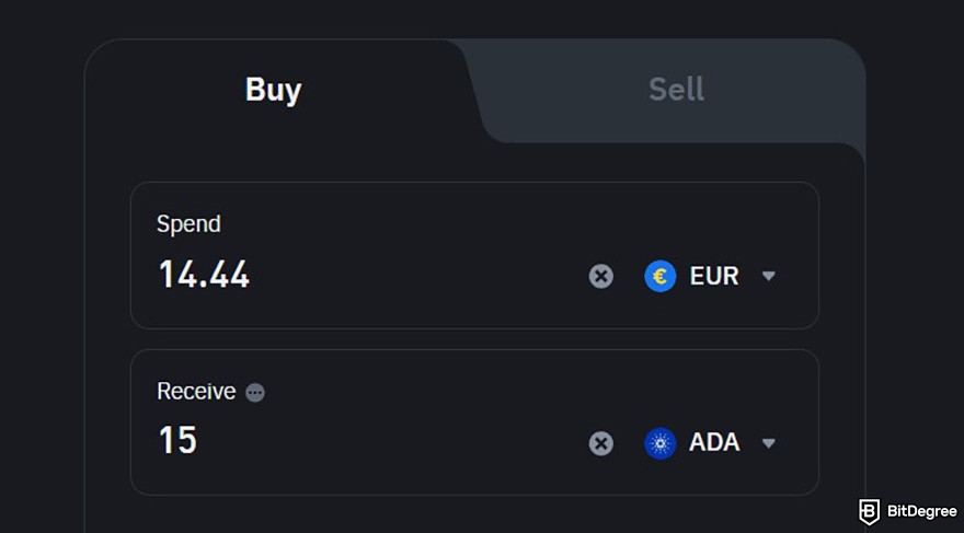 How to buy Snek: the buy order form on Binance's Buy Crypto page showing the amount of EUR spent and ADA received.