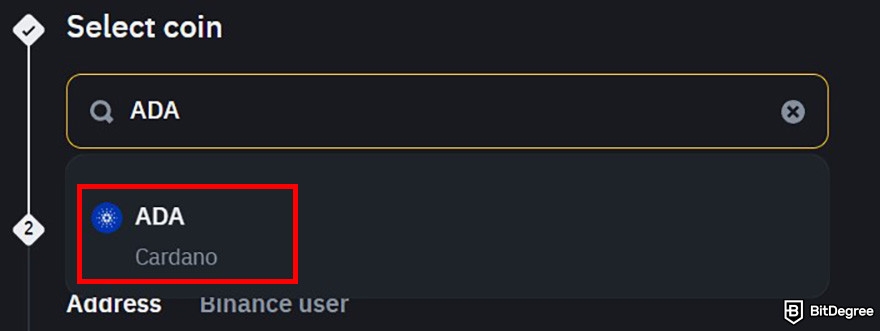 How to buy Snek: the drop-down menu for choosing coin to withdraw from Binance with ADA option highlighted.