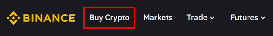 How to buy Snek: the navigation menus on Binance's website with the Buy Crypto menu highlighted.