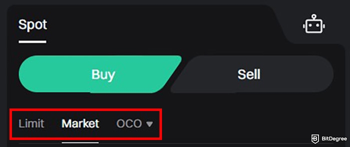 How to buy Snek: a part of Bitget's trading interface with the order type options highlighted.