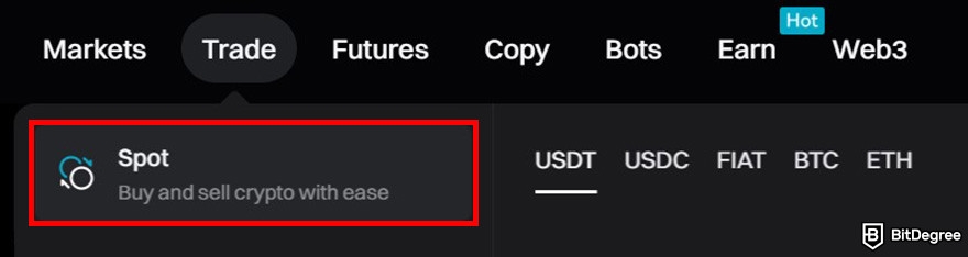 How to buy Snek: the navigation menus on Bitget website with the Spot menu highlighted.