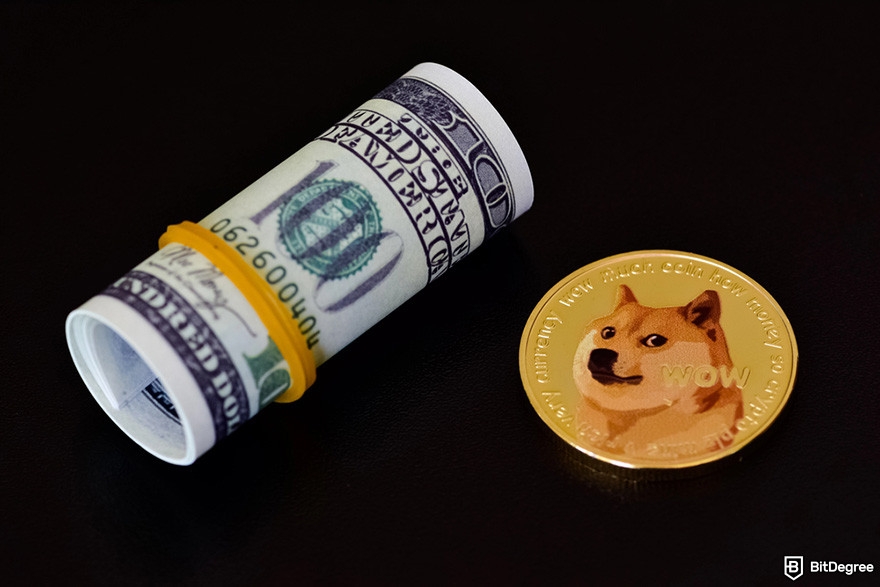 How to buy Snek: a golden DOGE coin and a rolled-up 100 USD bill on a black surface.