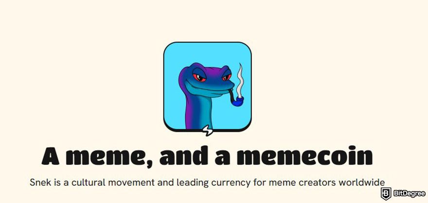 How to buy Snek: the logo for Snek meme coin featuring a cartoon snake smoking a pipe.