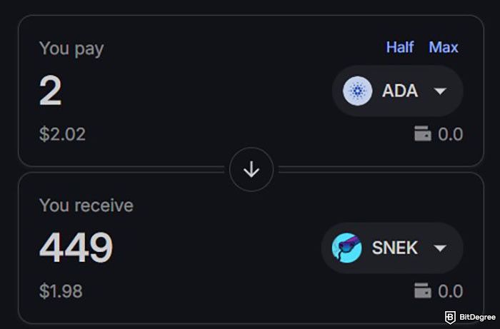 How to buy Snek: the trade order section on Minswap showing the amount of ADA to pay and SNEK to received.