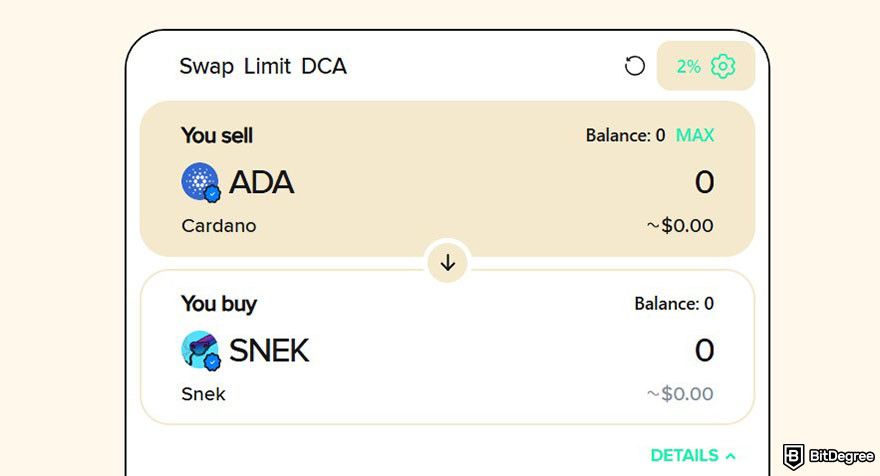 How to buy Snek: the token swap form for ADA to SNEK on Snek.com.