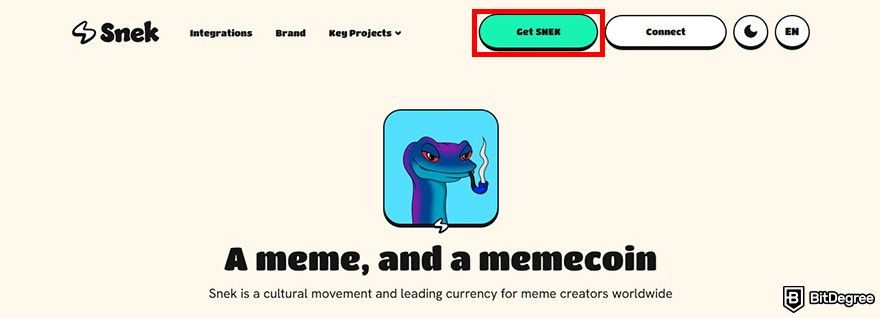 How to buy Snek: Snek.com homepage with the Get SNEK button highlighted.