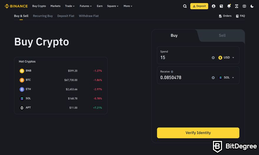 How to buy Solana meme coins: a preview of Binance's Buy Crypto page.