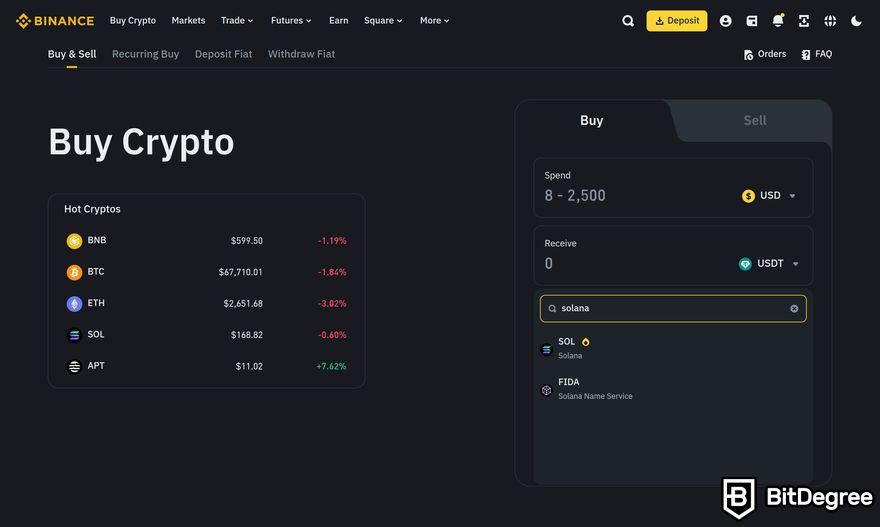 How to buy Solana meme coins: a preview of Binance's Buy Crypto page showing a list of cryptocurrencies in the search results.