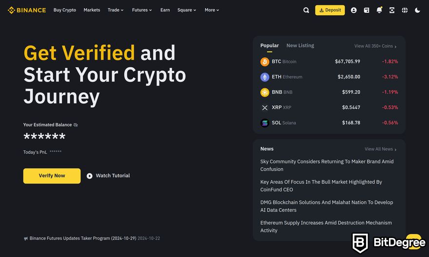 How to buy Solana meme coins: a preview of Binance homepage after logging in using an account.