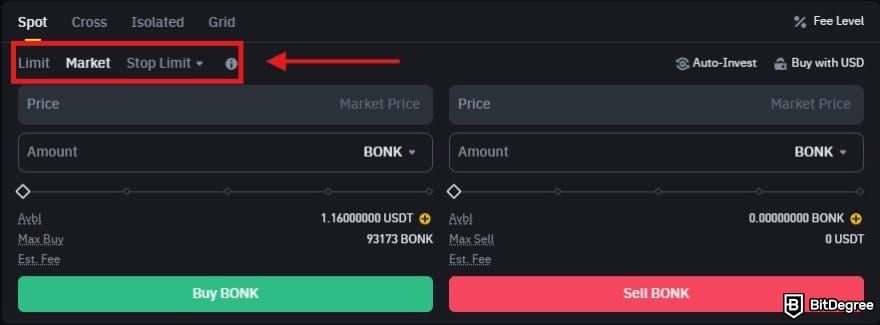 How to buy Solana meme coins: the order form on Binance spot trading interface.