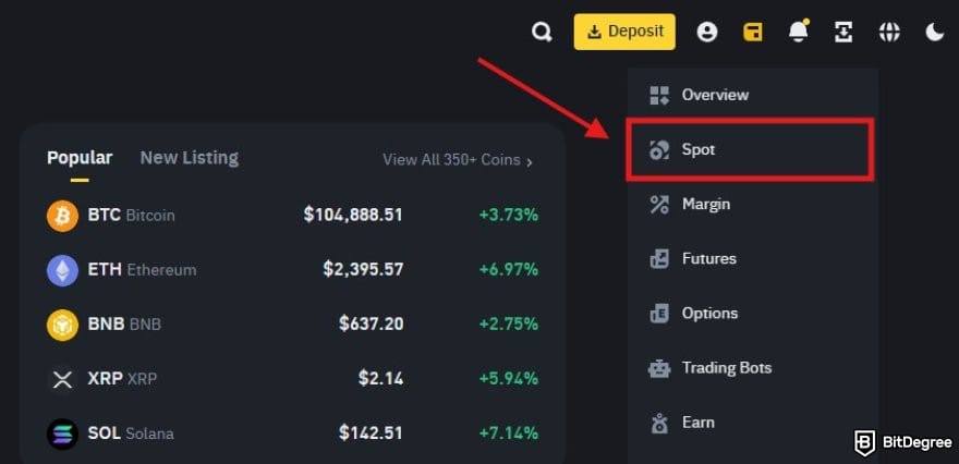 How to buy Solana meme coins: a portion of Binance homepage highlighting the Spot wallet.